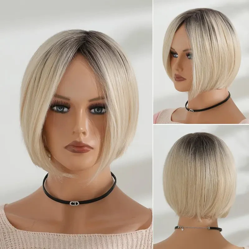 Euramerican Fashion Woman Gold Short Straight Wig 12inch Button Mesh Chemical Fiber Filament Daily Wear Simulated Hair Full Wigs