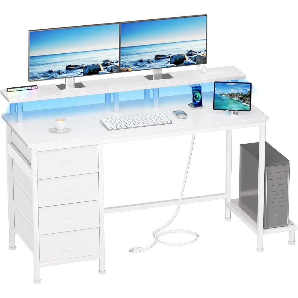 Desk with Power Outlets and LED Lights,  Gaming Computer Desk with 4 Fabric Drawers, Home Office Desk with Full Monitor Stand