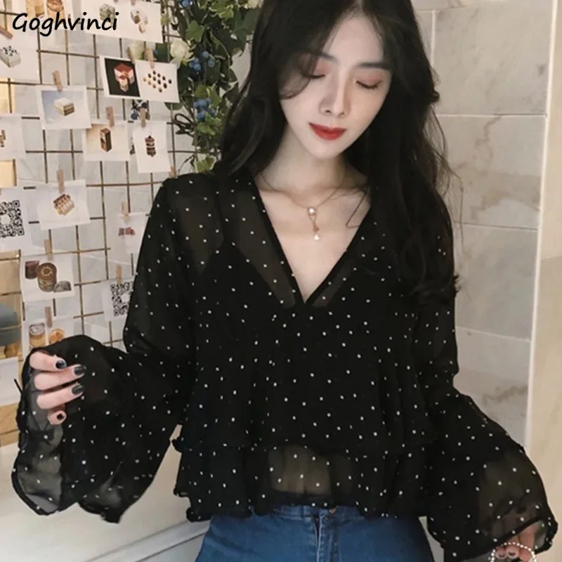 Blouses Women V-Neck Sexy Party Simple All-match Flare Sleeve Tops Womens Casual Short Style Polka Dot Elegant Shirts Ruffles