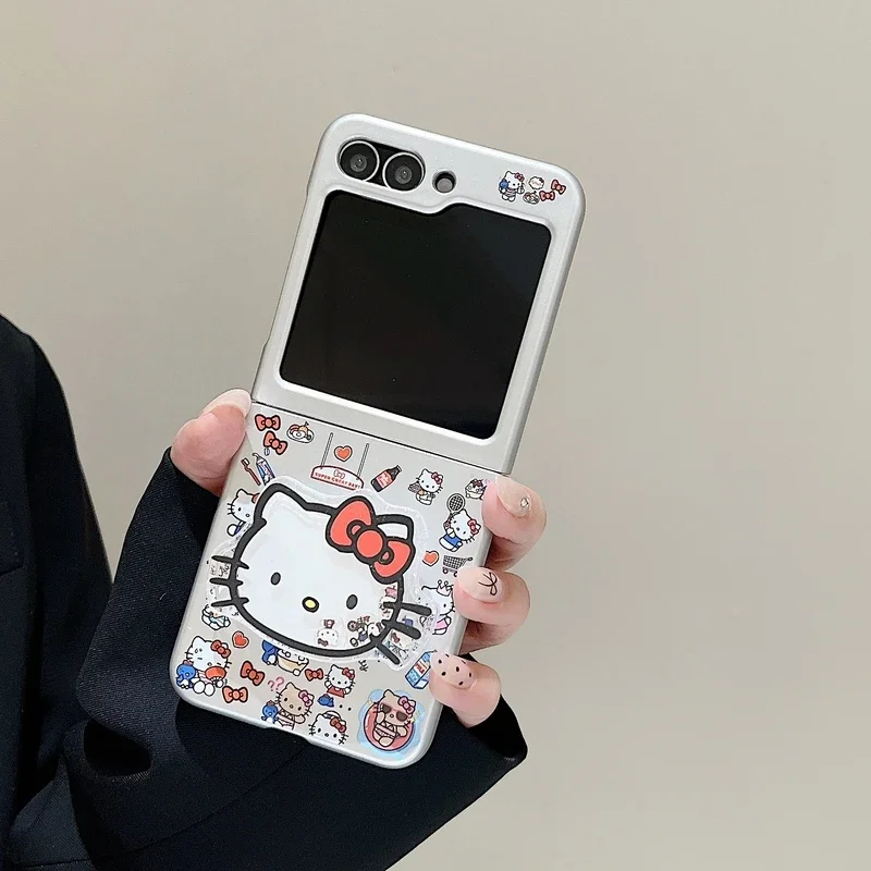 Cute Cartoon Sanrio Hello Kitty Grip Holder Phone Case For Samsung Galaxy Z Flip 6 5 4 3 Hard Plating Cover With Lanyard