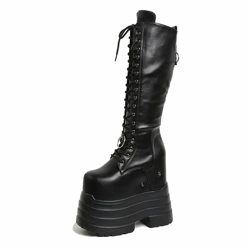 New Autumn Knee High Boots Women Chunky Leather Long Boots Woman High Heels Punk Shoes Winter 18CM Platform Motorcycle Booties