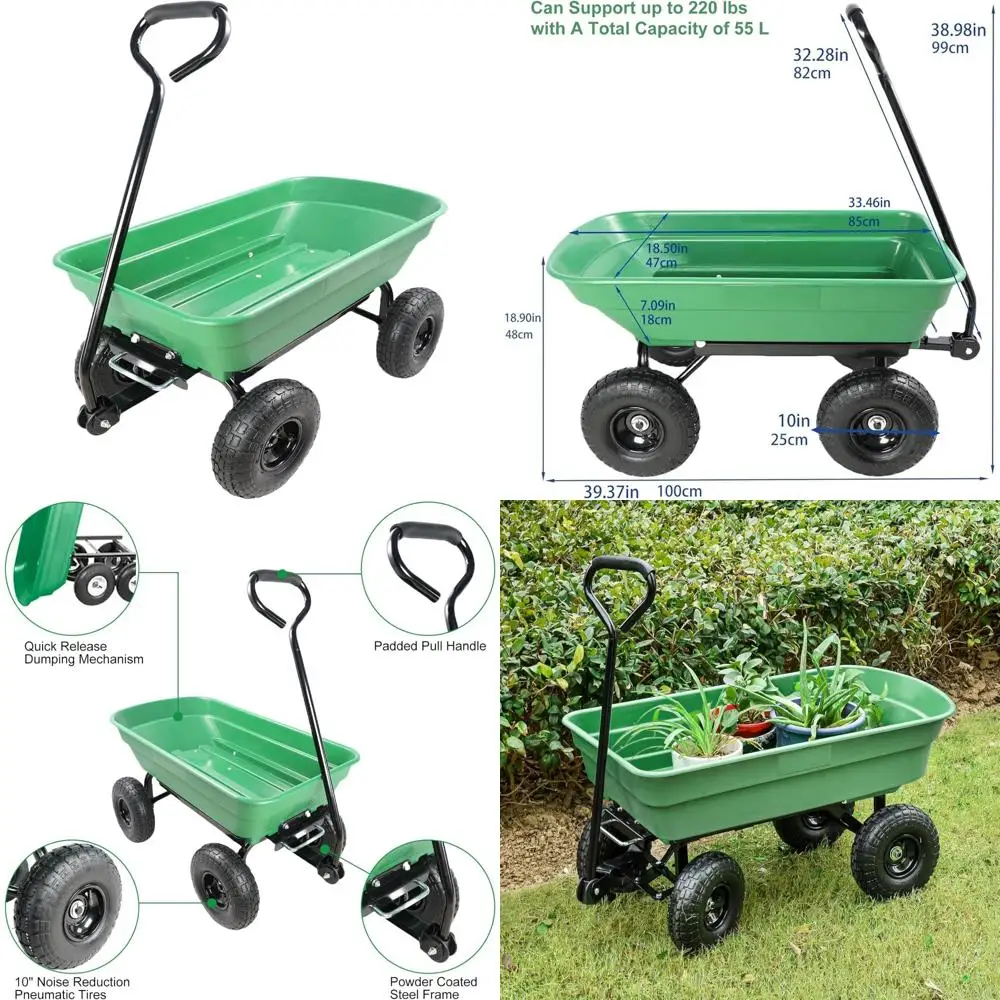 

"10" pneumatic tire yard cart - 220 lbs capacity, 55l steel frame utility wagon in green"