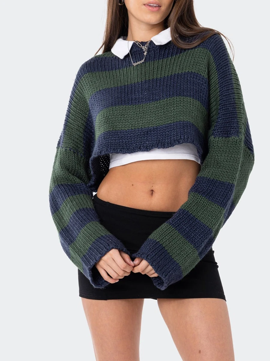 Women Striped Sweater Long Sleeve Crew Neck Loose Pullover Crop Tops Streetwear