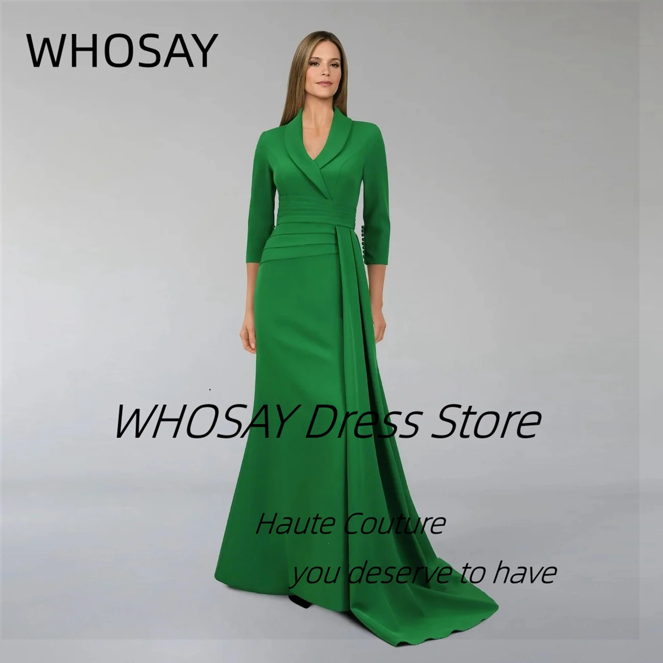 

WHOSAY Индивидуальные зеленые атласные вечерние платья с лацканами и V-образным вырезом на пуговицах сзади, платье для выпускного вечера, женская одежда для вечеринок в Саудовской Аравии, платья для торжественных случаев