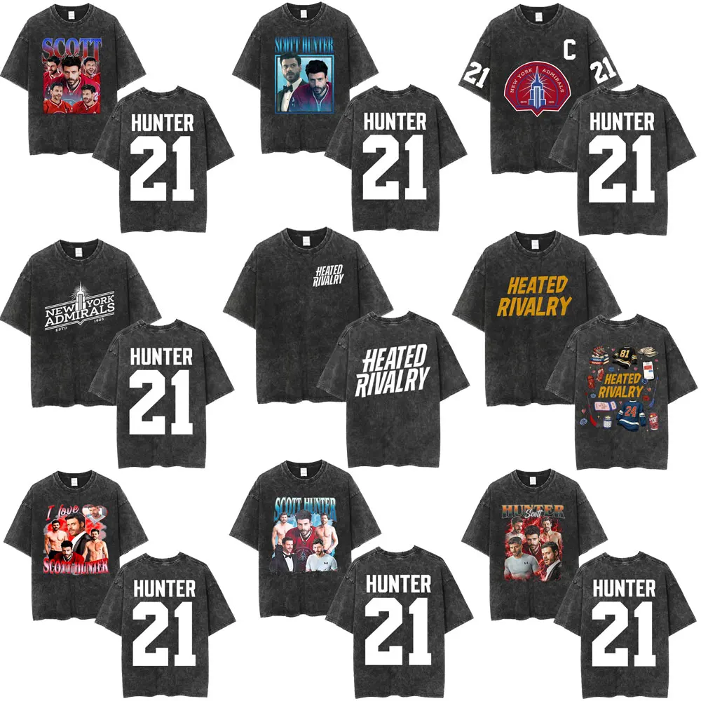 Vintage Washed Heated Rivalry Scott Hunter 21 Graphic T-shirts Men Women Clothing Harajuku Oversized Short Sleeves T Shirts Tops
