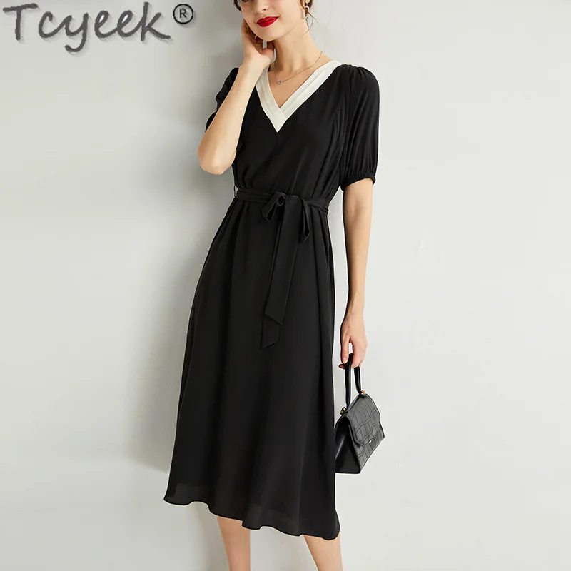 Tcyeek 100% Real Mulberry Silk Dress Summer Woman Clothes Elegant Dresses for Women 2024 French Black Dress Fashion Party Dress