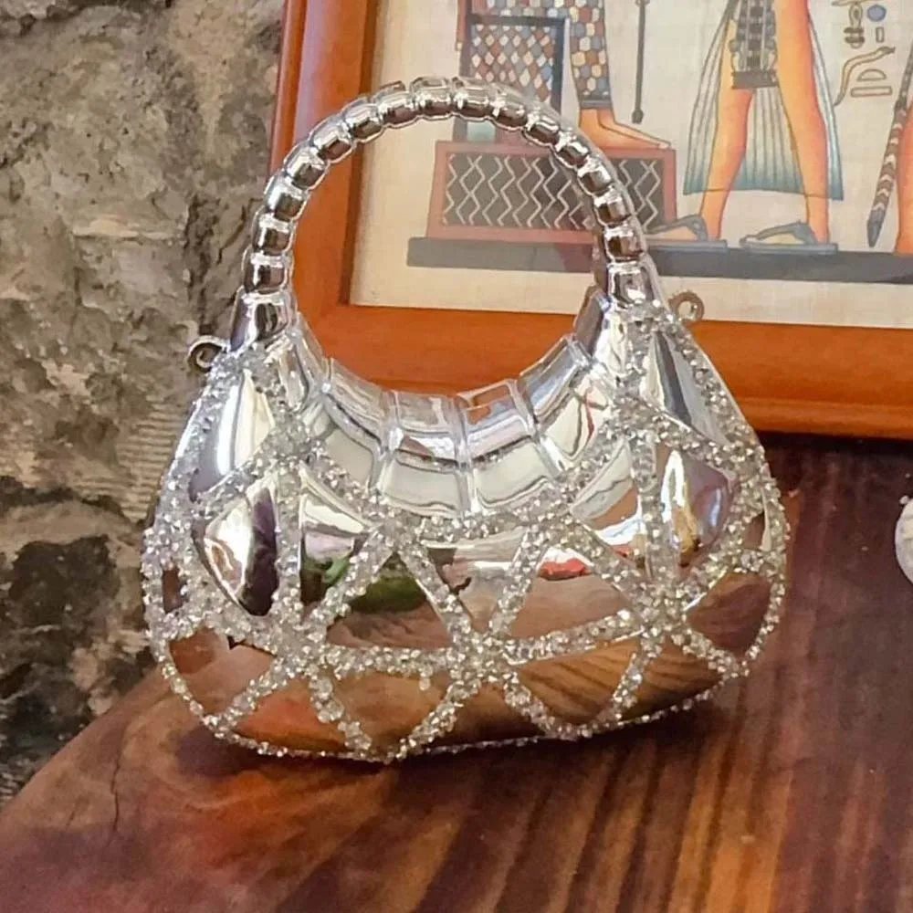 Crystal Embellished Crescent Evening Clutch Geometric Pattern High-shine Finish Rhinestone Box Purse Hardbody Frame