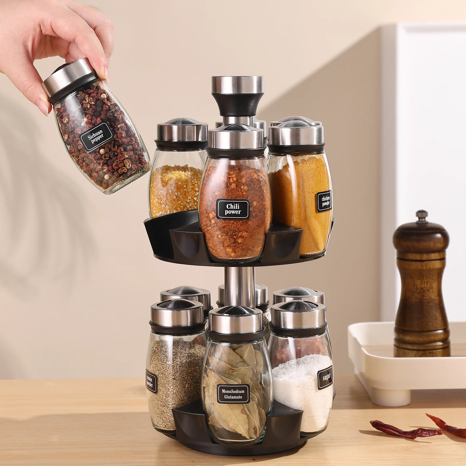 

12 баночек для специй/Вращающаяся подставка для специй | Вращающаяся подставка-органайзер для специй на столешницу, многоярусная полка для хранения с 12 пустыми банками, полированные края