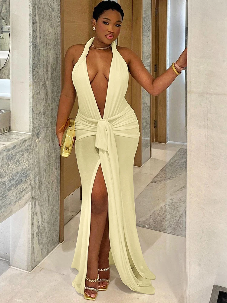 Macheda Sexy Halter Dress Women 2025 Summer Sexy V-Neck Thin Y2K Backless Knot Ribbon Birthday Party Peach Buttocks Long Bodycon