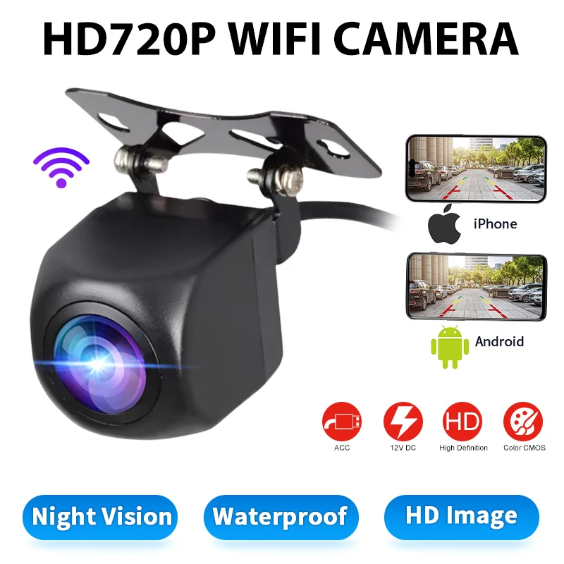 WiFi Wireless Rearview Camera HD 720P 12V 170° Wide Angle Night Vision Backup Camera Compatible with iPhone Android for Car