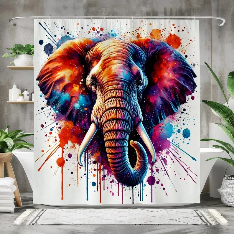 Mother and Baby Elephant Shower Curtain, Waterproof Fabric Bath Curtain, Vibrant Bathroom Decor, Colorful African Animal Print
