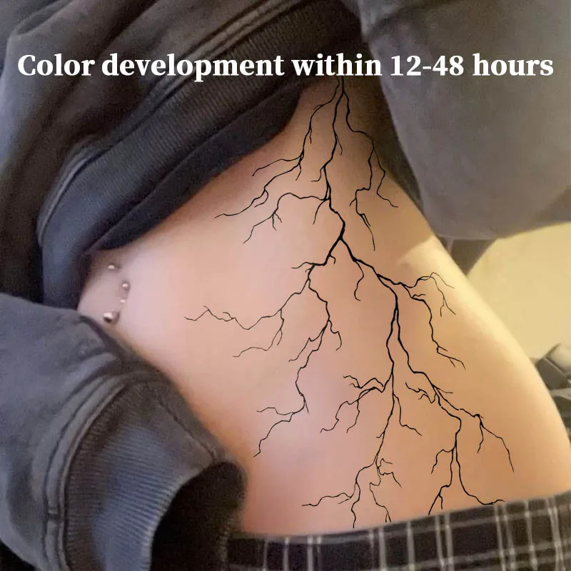 Minimalist Thin Line Lightning Herbal Juice Tattoo Sticker Waterproof Fake Body Tattoo For Women Waist Rib Side Aesthetic Body