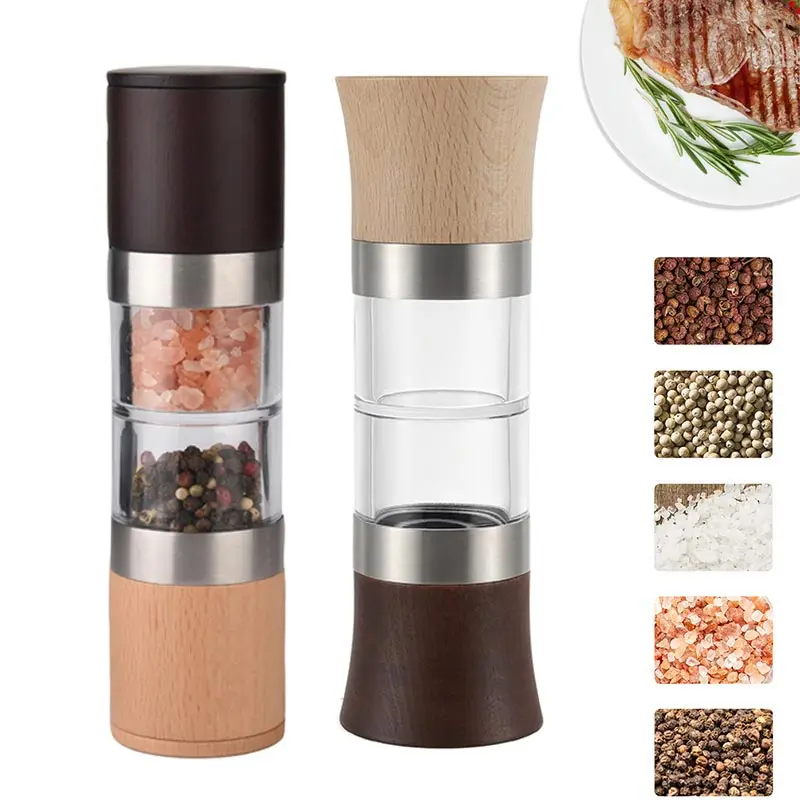 Double Ended Pepper Grinder with Lid, Sea Salt Granules in 0 Crushed Bottle,Wooden Black Pepper Mill for Commercial Fat Reducing