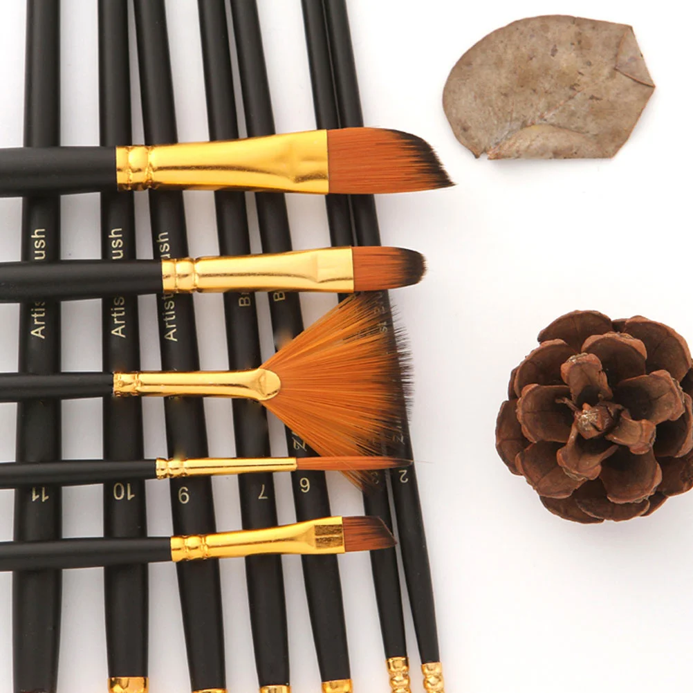 

12Pcs High Quality Paint Brush Set Comfortable Wooden Handle Long Stem Nylon Hair Brushes for Mixed Media Watercolor Oil