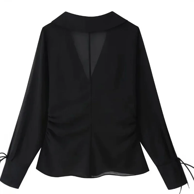 Fashion Rivets Shirts for Women Spring Autumn Black Semi Transparent Shirts 2026 New Casual Long Sleeved Lace-Up Tops