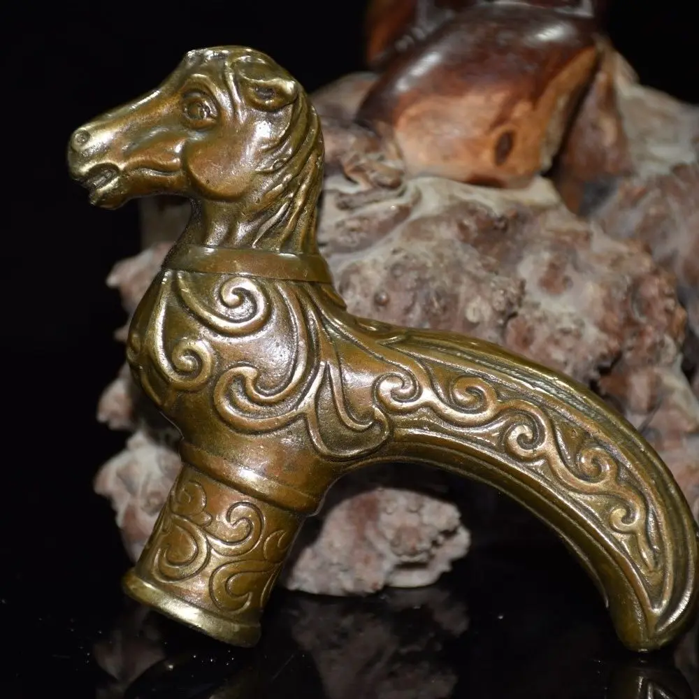 Old Bronze Hand Carved horse Statue blessed Cane Walking Stick Head