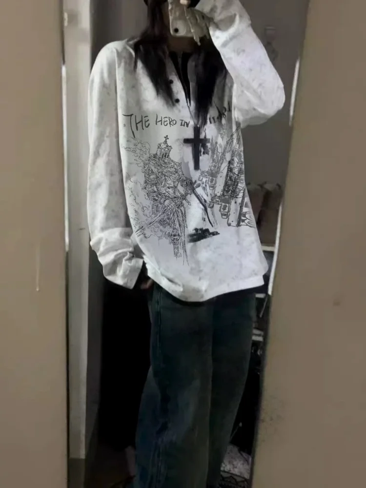 Fake Two Piece V Neck Versatile Base Layer Autumn Winter New Henley Collar Knight Castle Portrait Pearl Button Long