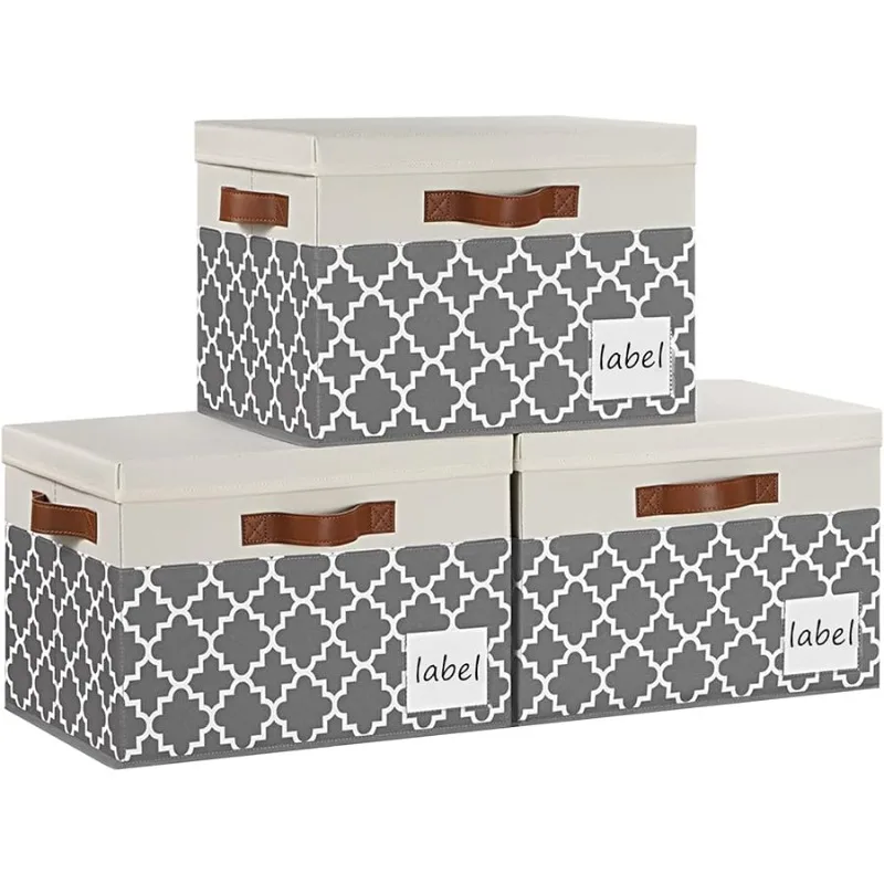 

Large Storage Bins with Lids, Foldable Fabric Storage Baskets with Lids, Sturdy Storage Boxes with Labels and 3 PU Handles for C