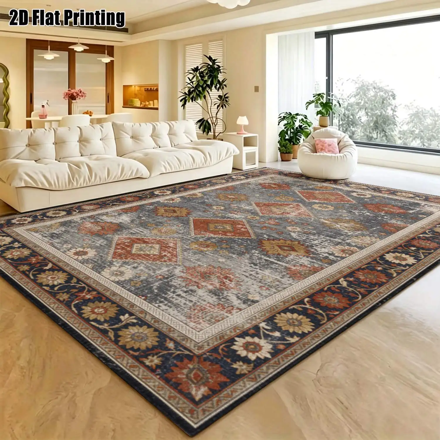 1Pc 2D Printed Retro Blue-Grey Mandala Nordic Carpet, Fits Minimalist & Bohemian Decor, Multiple Sizes, Machine Washable, for Entryway, Dining Room, Bedroom, Living Room Etc