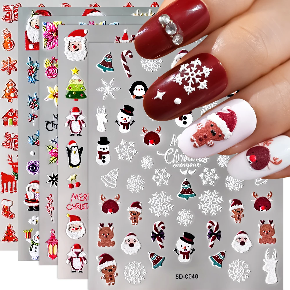 1 Pc 5d Kerst Nail Art Stickers Reliëf Witte Sneeuwvlokken Catoon Santa Kerstbomen Elanden Xmas Manicure Decoratie Stickers