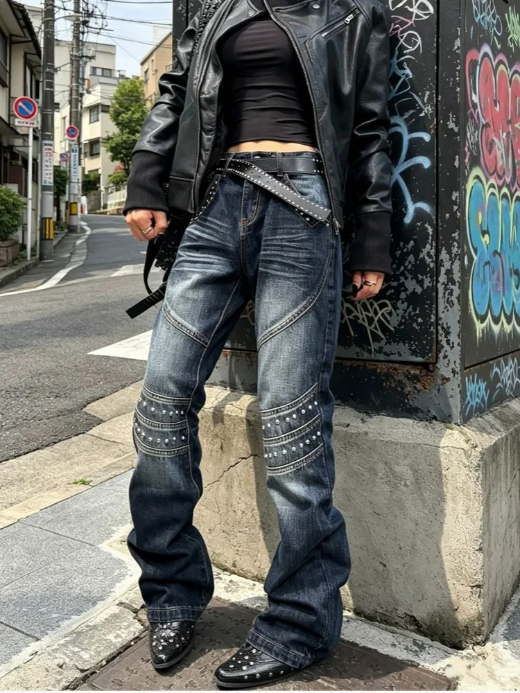 2026 American Retro Y2K Style Rivet Design Slim Women's Jeans Pants For Woman Clothing Washed Distressed Blue Denim Trousers