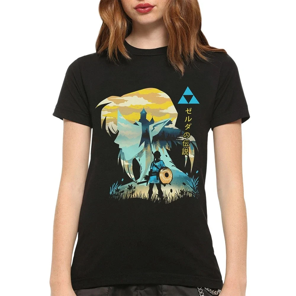 The Legend of Zelda Silhouette T-shirt Japanese Text Triforce Graphic Tee Men Women Vintage Game Art Short Sleeve