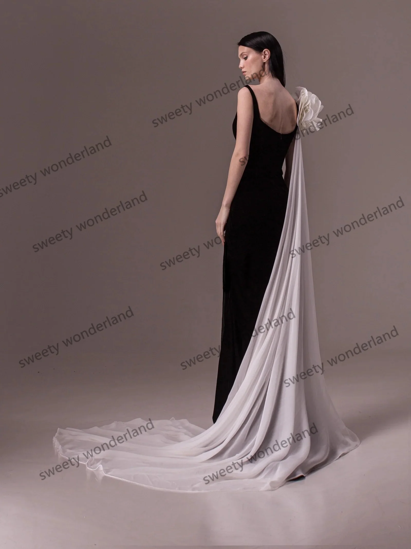 Square Neck Black Evening Dresses with White Wrap Hand Made Flower Ribbon Prom Gown Women Sleeveless Formal vestido de novia