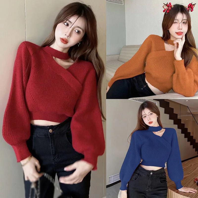 Women\'s Neck Hanging Solid Sweater Warm Pullover Sweater V-neck Cross Neck Off Shoulder Knitwear Tops