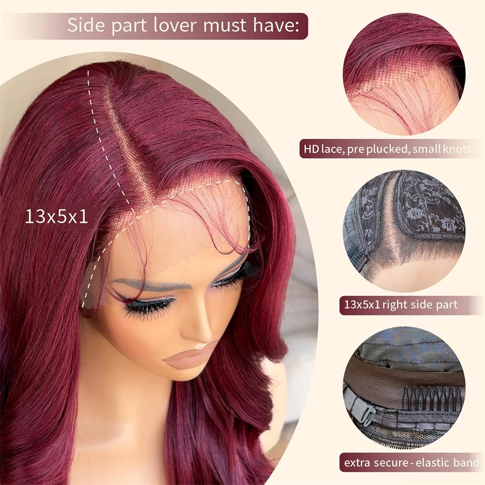 Long Synthetic Body Wavy Wine Red Wig, Burgundy Glueless 13X5X1 Lace Wig For Women,  24 Inches, Daily Party Halloween Cosplay