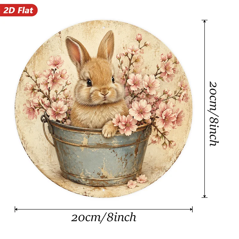 2D Flat, 1pc Floral Bunny Round Metal Sign Wall Art, Bunny in Galvanized Bucket, Pink Blossoms, Rustic Garden Artwork, Vintage F