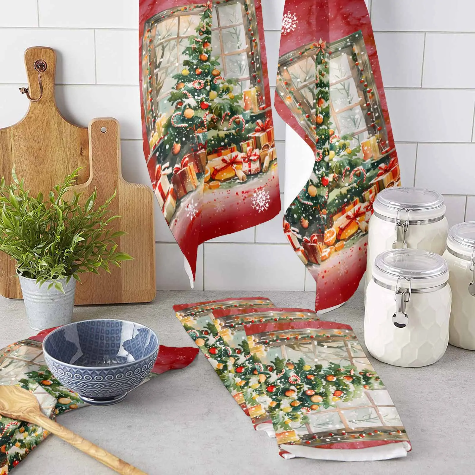 Christmas Tree Gift Fruit Watercolor Snowflake Printed Hand Towel Kitchen Dishcloth Water Absorption Household Cleaning Cloth