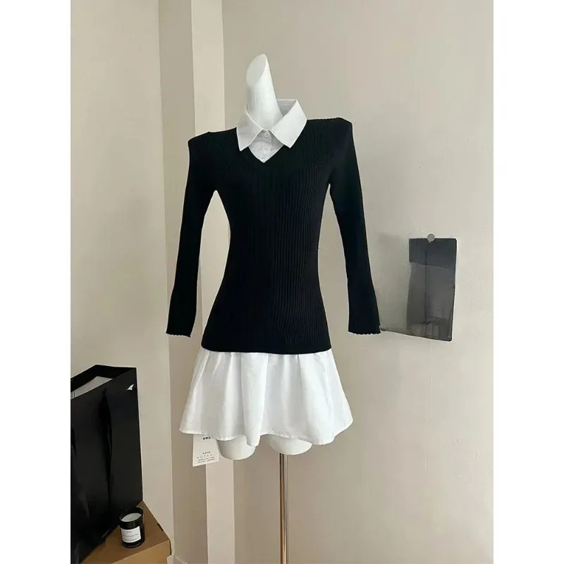 2024 New Preppy Style Fake Two Pieces Mini Knitted Shirts Dress Women Gyaru 2000s Aesthetic Vintage Long Sleeve One-Piece