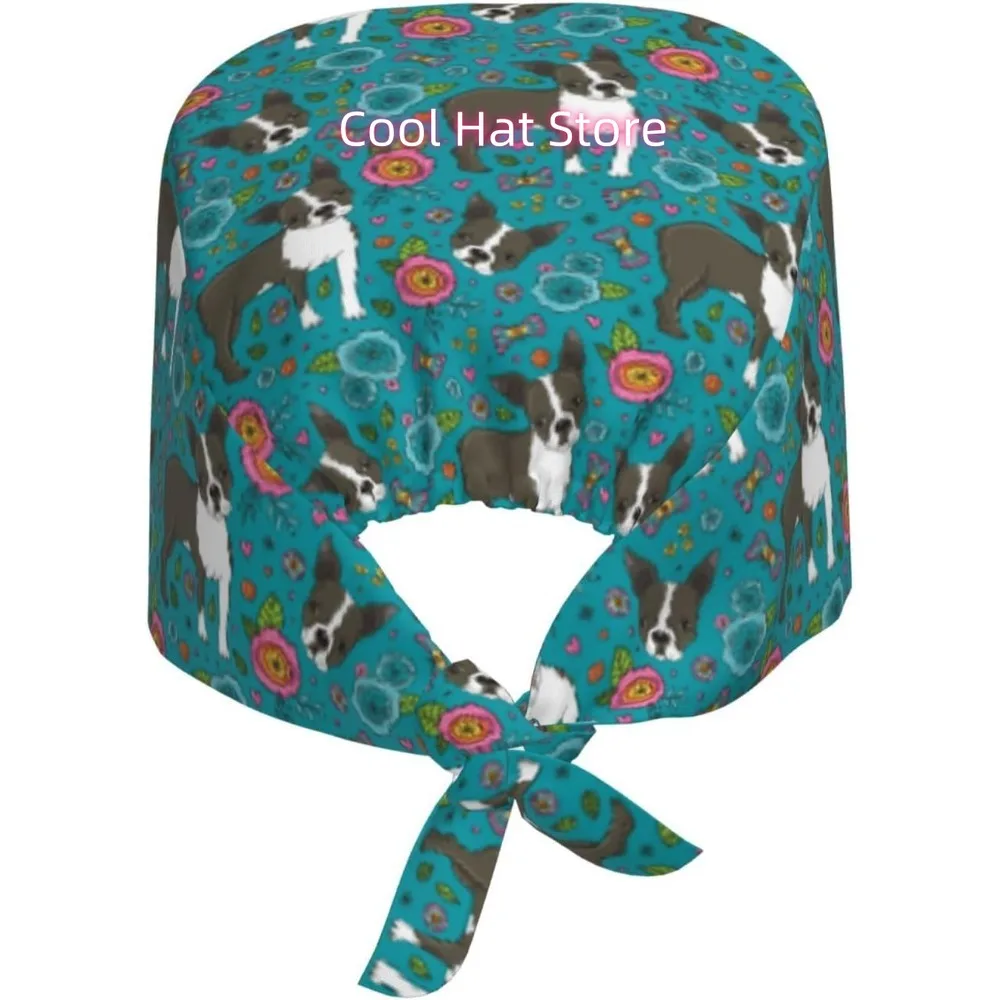 1pc Adjustable Scrub Cap with Sweatband - Lightweight 100% Polyester, Unisex Nurse Hat  & Boston Terrier pet dog pattern