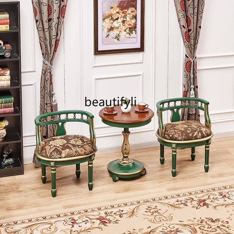 American Retro Green Single Solid Wood Armchair Living Room Small Tea Table European Balcony Combination