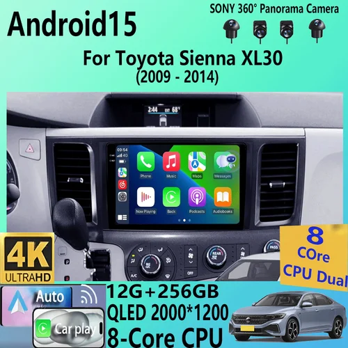 Android 15 para Toyota Sienna XL30 2009 2010 - 2014 Radio de coche reproductor de vídeo Multimedia navegación estéreo GPS Auto Carplay 8G + 128GB