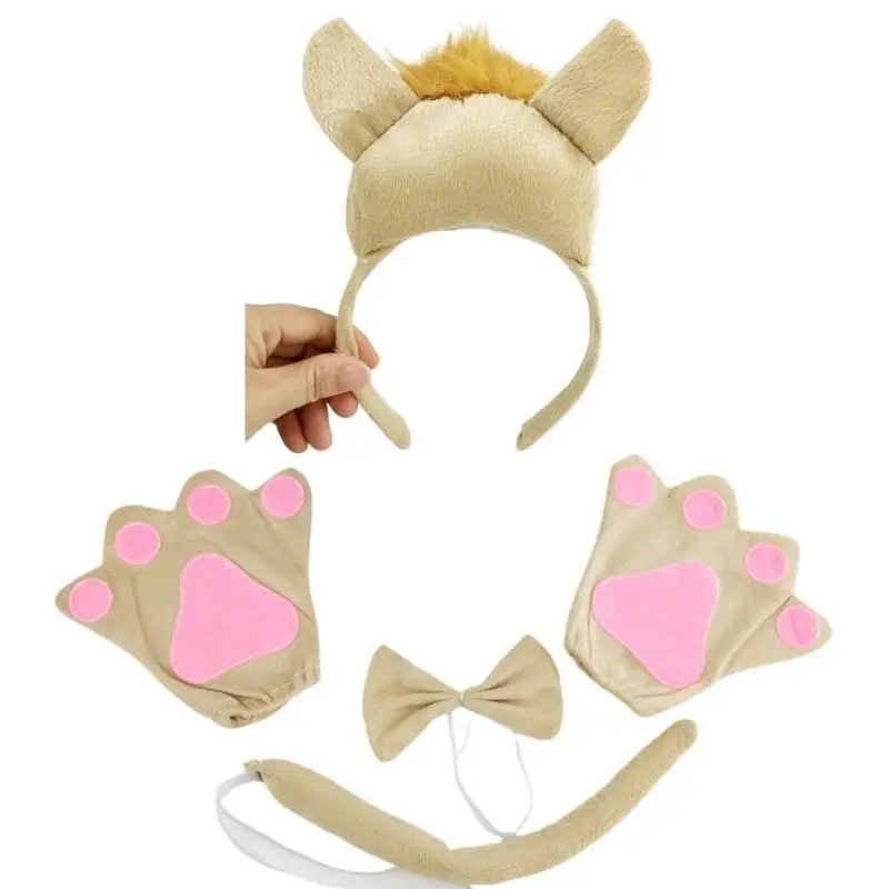 

652F Stuffed Horse Head Hairband with Tail Bowtie Set for Student Woman Taking Photo Headbands Carnivals Hair Hoop Glove