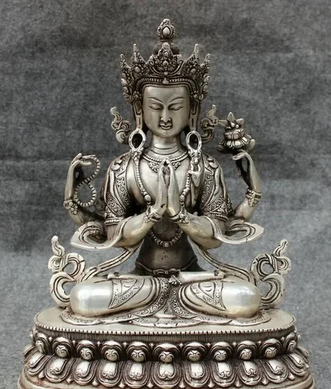 

Tibet Silver Buddhism Protect 4 Arms Chenrezig Buddha Statue Kwan-Yin JoSS