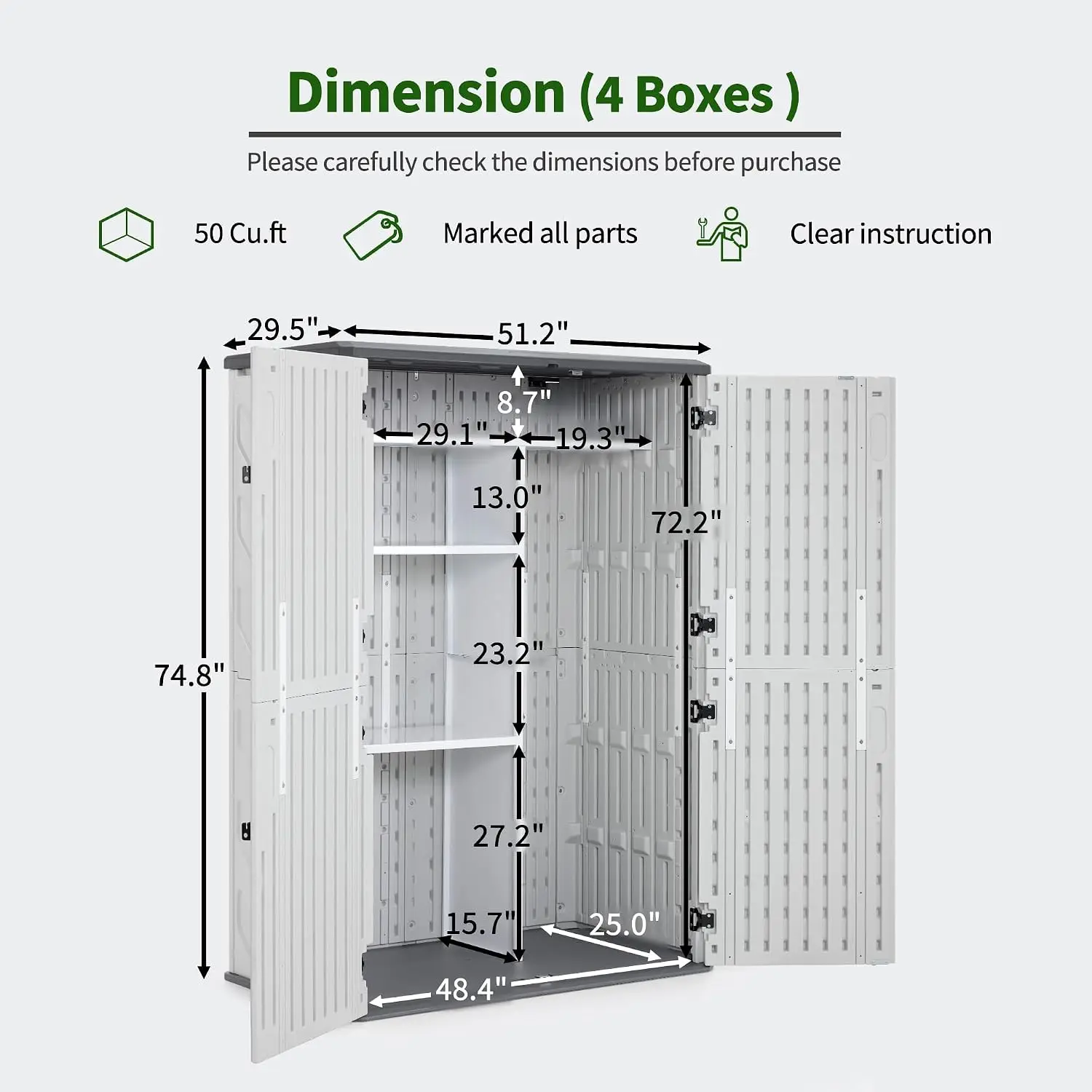 Outdoor Storage Cabinet 50 Cu Ft Waterproof with Shelves, Customized