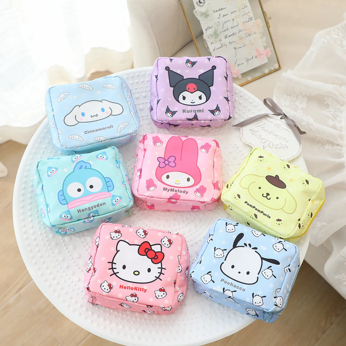 Kawaii Sanrio Kuromi Melody Hello Kittle Menstrual Bag Cute Girly Heart Portable High Capacity Sanitary Napkin Storage Bag