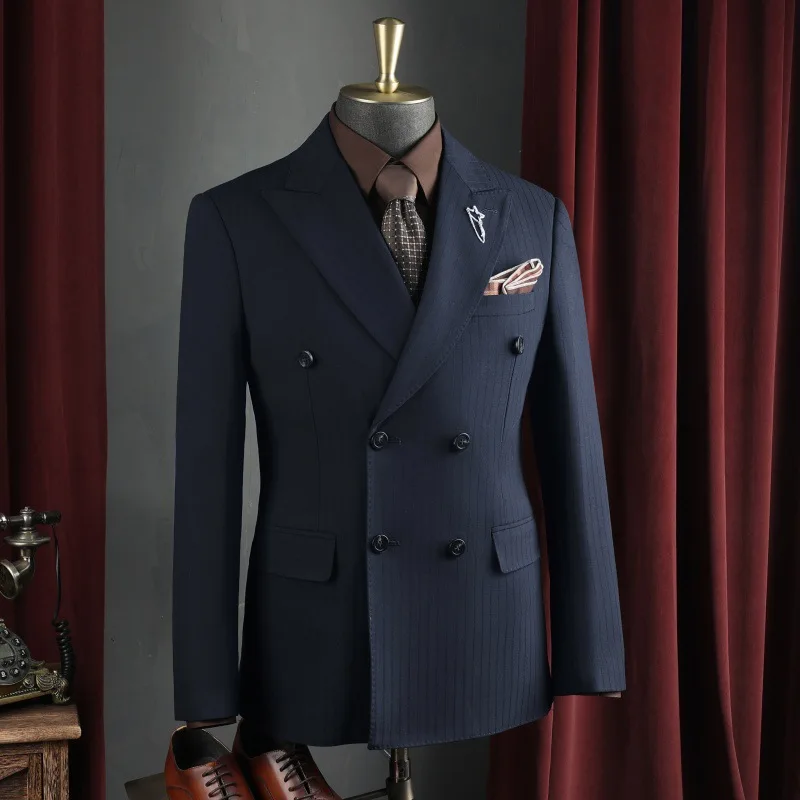 

KIDWHXR Spring Men Blazer Fashion Solid Color Turn Down Collar Male Suit Coat Double-breasted Long Sleeve Pocket Man Outerwear