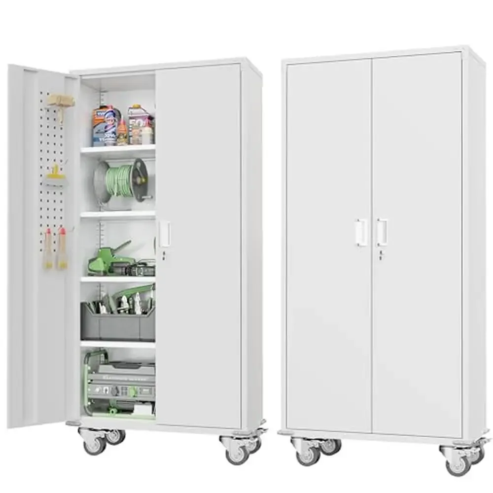 

Metal Storage Cabinet Wheels 72" Steel Garage Rolling Doors 4 Shelves Locking Tall Cabinets Tool Storage White Organize Equip