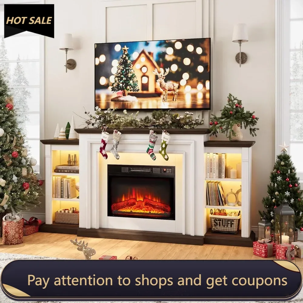 

72" LED Electric Fireplace with Mantel, Fireplace TV Stand for 80 Inch TV, Modern Entertainment Center with Storage