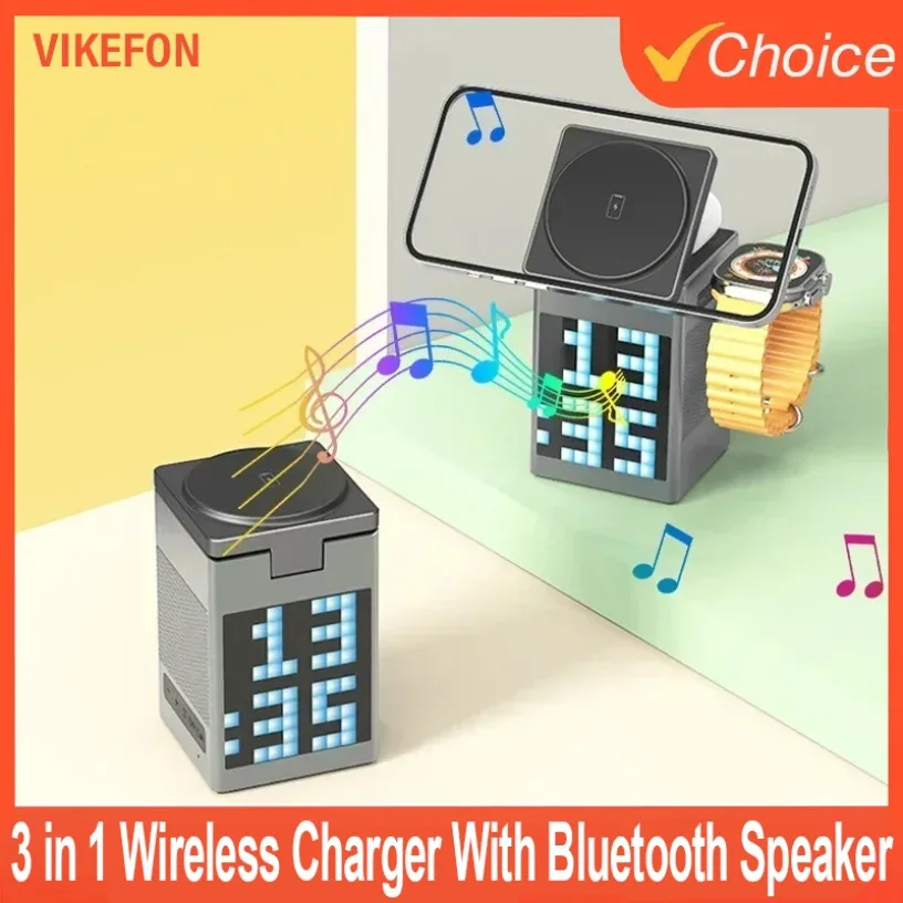 3 in 1 Wireless Charger With Bluetooth Speaker For iPhone 16 15 14 13 12 Fast Charging Station for Apple Watch 10 9 8 7 6 5 4