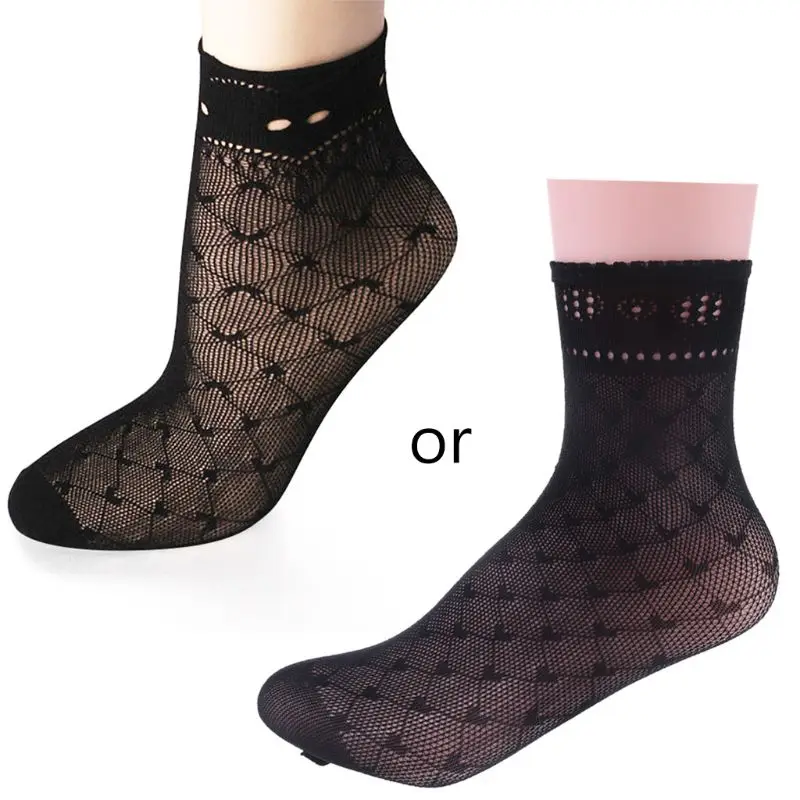 Women Sexy Summer Short Over Ankle Boat Socks Fishnet Mesh Black Floral Lace Pat