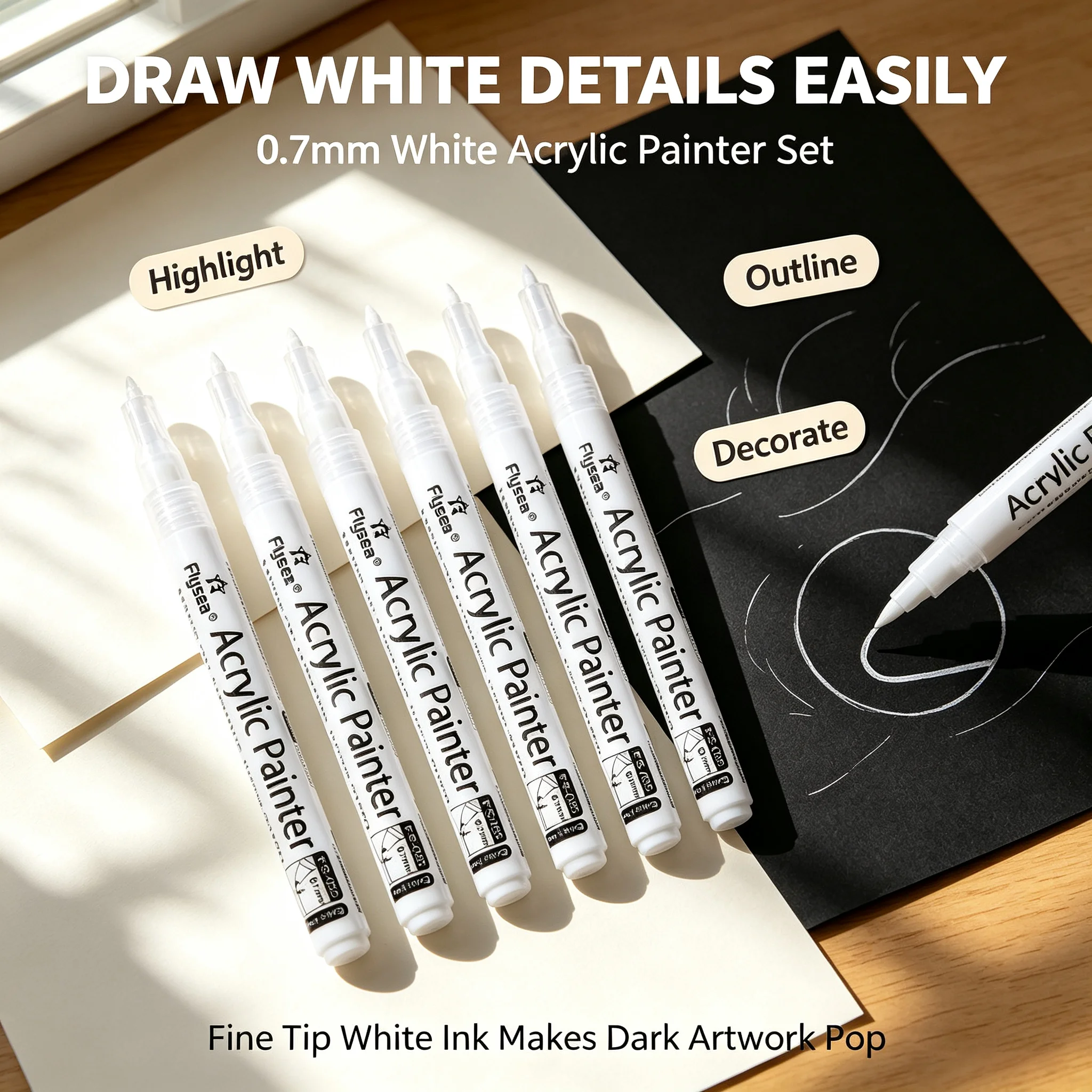 6Pcs/Set 0.7mm Fine Tip White Acrylic Paint Pens,Waterproof Permanent Paint Markers for Rock Stone Ceramic Tire Fabric Canvas