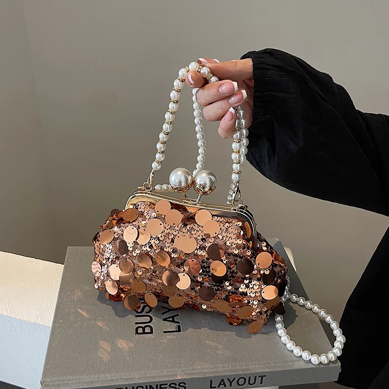 Bag 2024 New Women\'s Pearl Chain Bag Niche Luxury Design Sequin Bag Casual Street Shoulder Crossbody Bag Trend Underarm Bag