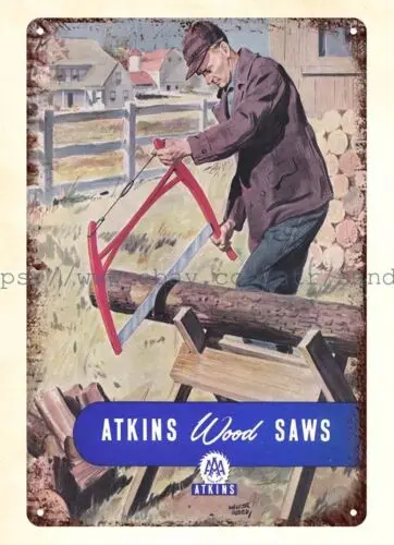 1950 Atkins Wood Saws woodworking tools metal tin sign office wall art decor