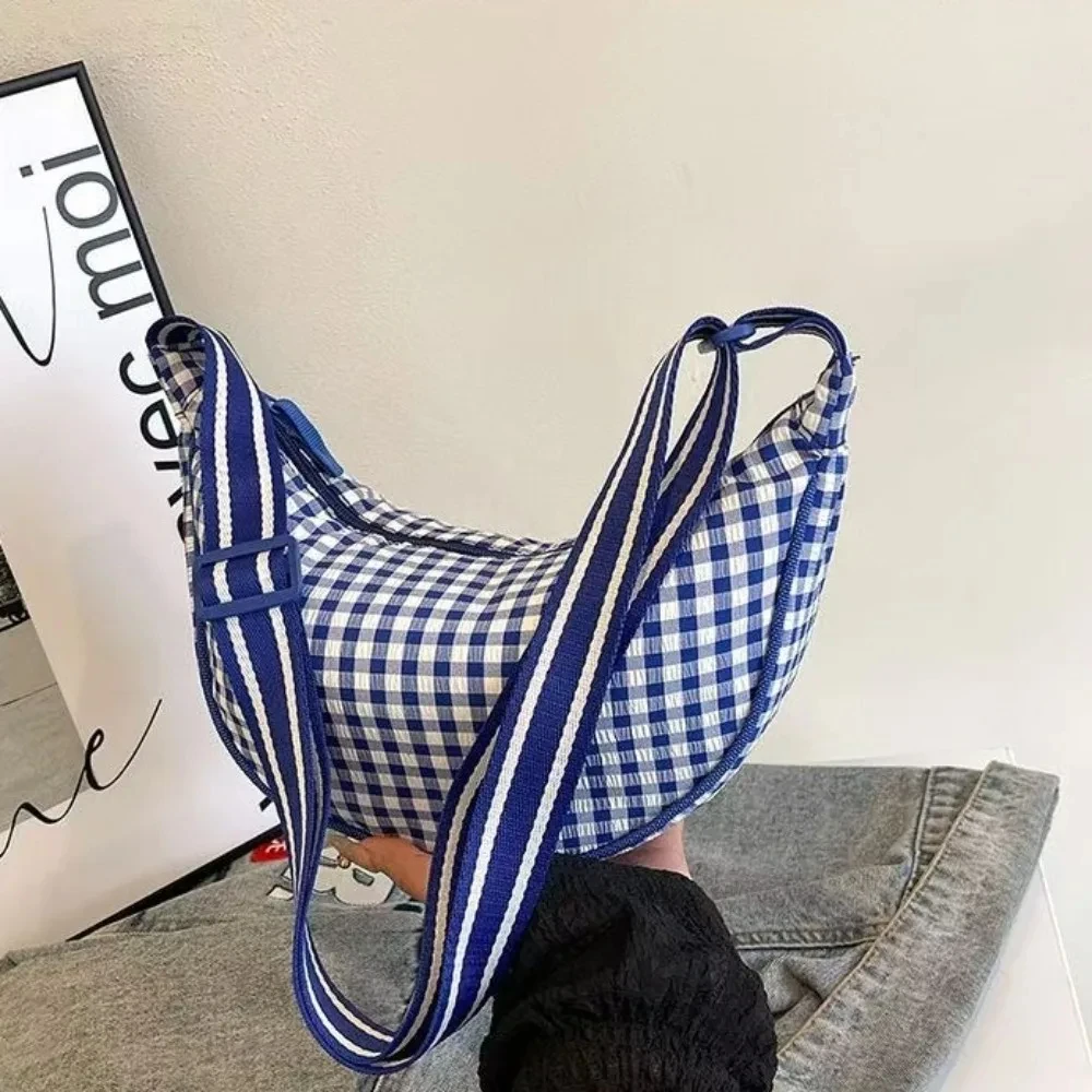 

Fashion Canvas Plaid Hobos Crossbody Bag for Women Shoulder Bag Half Moon Chest Bags Tote Lady Travel Shopper Bag Female Purses