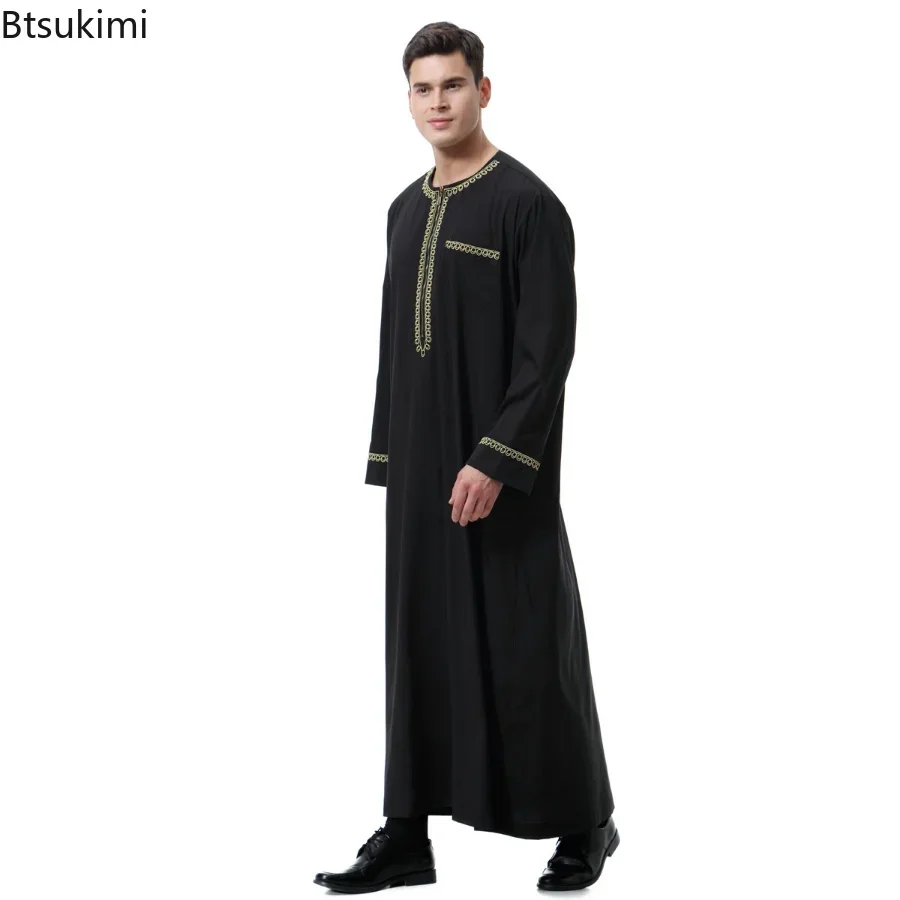 무슬림 패션 남성 Abaya Jubba Thobe 프린트 지퍼 기모노 긴팔 단색 캐주얼 파키스탄 이슬람 의류, 단추 포켓