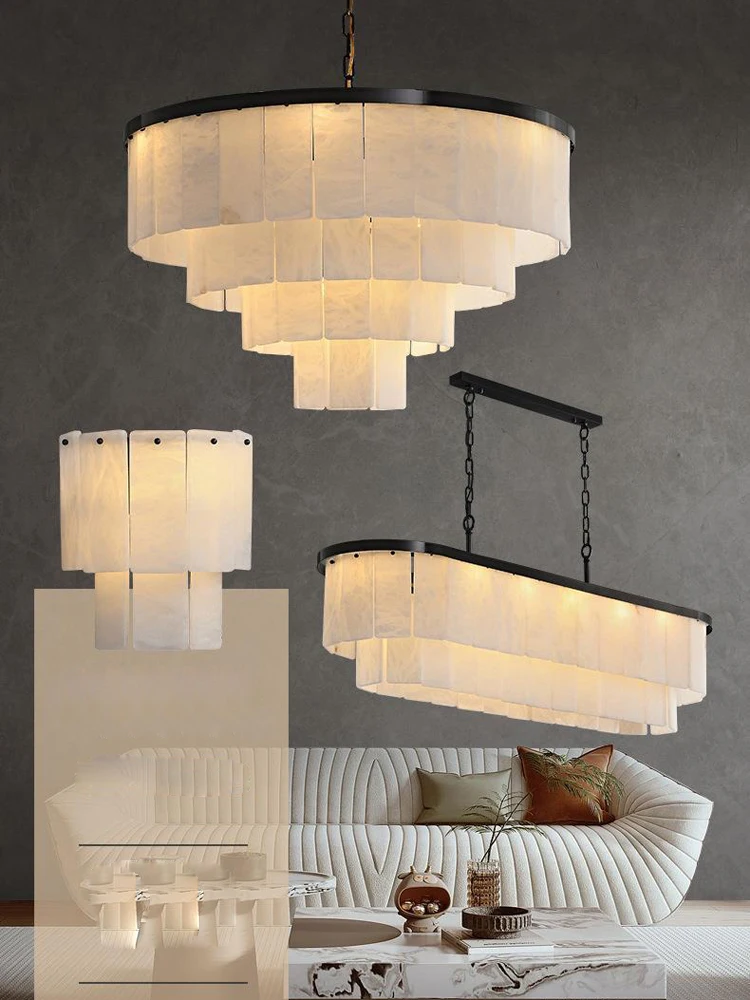 

3-7 Layer Marble Pieces Black Chrome Chandelier Alabaster Suspension Luminaire Lampen Hanging Lamp Lustre For Foyer Dinning Room